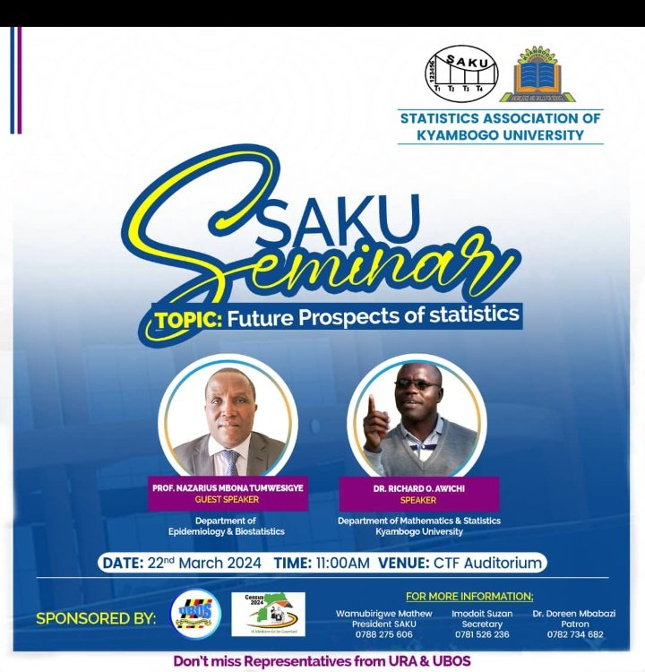 Happening this Friday  <a href="/kyambogou/">KYAMBOGO UNIVERSITY</a> ..

We shall be happy to host <a href="/StatisticsUg/">Uganda Bureau of Statistics (UBOS)</a> and <a href="/URAuganda/">Uganda Revenue Authority</a> for our annual <a href="/STATISTICSAKU/">STATISTICS ASSOCIATION OF KYAMBOGO UNIVERSITY</a> seminar scheduled for this Friday 22nd march 2024