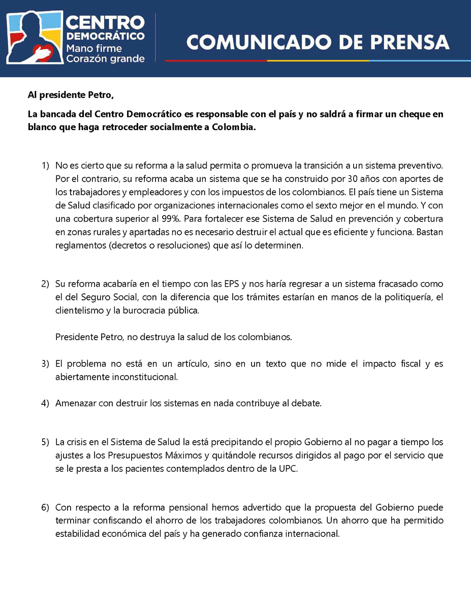 CeDemocratico's tweet photo. Al presidente Petro,

La bancada del Centro Democrático es responsable con el país y no saldrá a firmar un cheque en blanco que haga retroceder socialmente a Colombia. https://t.co/opHhdghvnd