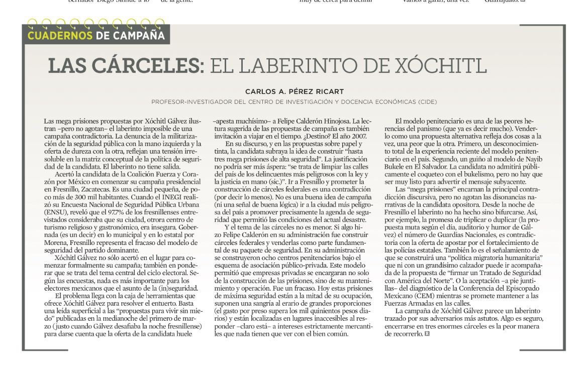 Contundente e inteligente  artículo de <a href="/perezricart/">Carlos A. Pérez Ricart</a> en el Reforma, sobre la ocurrencia de las mega prisiones en las “propuestas” de la candidata del PRI. 
Destaca con seriedad y datos duros lo absurdo e incongruente de la candidata de las ocurrencias.