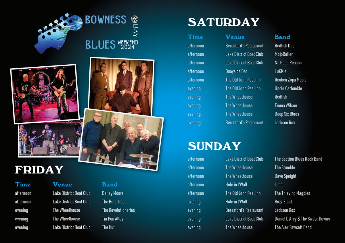 Hole In't Wall, Beresfords, Lake District Boat Club and Wheelhouse all gave gigs thus evening in #Bowness #Windermere so why not go out and enjoy the evening.

#BBblues2024