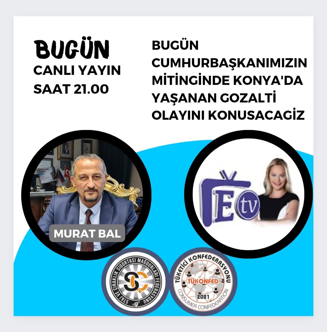 Bugün (biraz sonra) Cumhurbaşkanımız Sayın Recep Tayyip Erdoğan'ın @RTErdogan @RTEdijital Konya'daki düzenlediği mitingden önce Konya ve Antalya'dan gelen mağdur kardeşlerimizin gözaltına alınması ile alakalı gelişmeleri Şebnem Arda Boğa ile @SebnemArdaBoga ile konuşacağız.