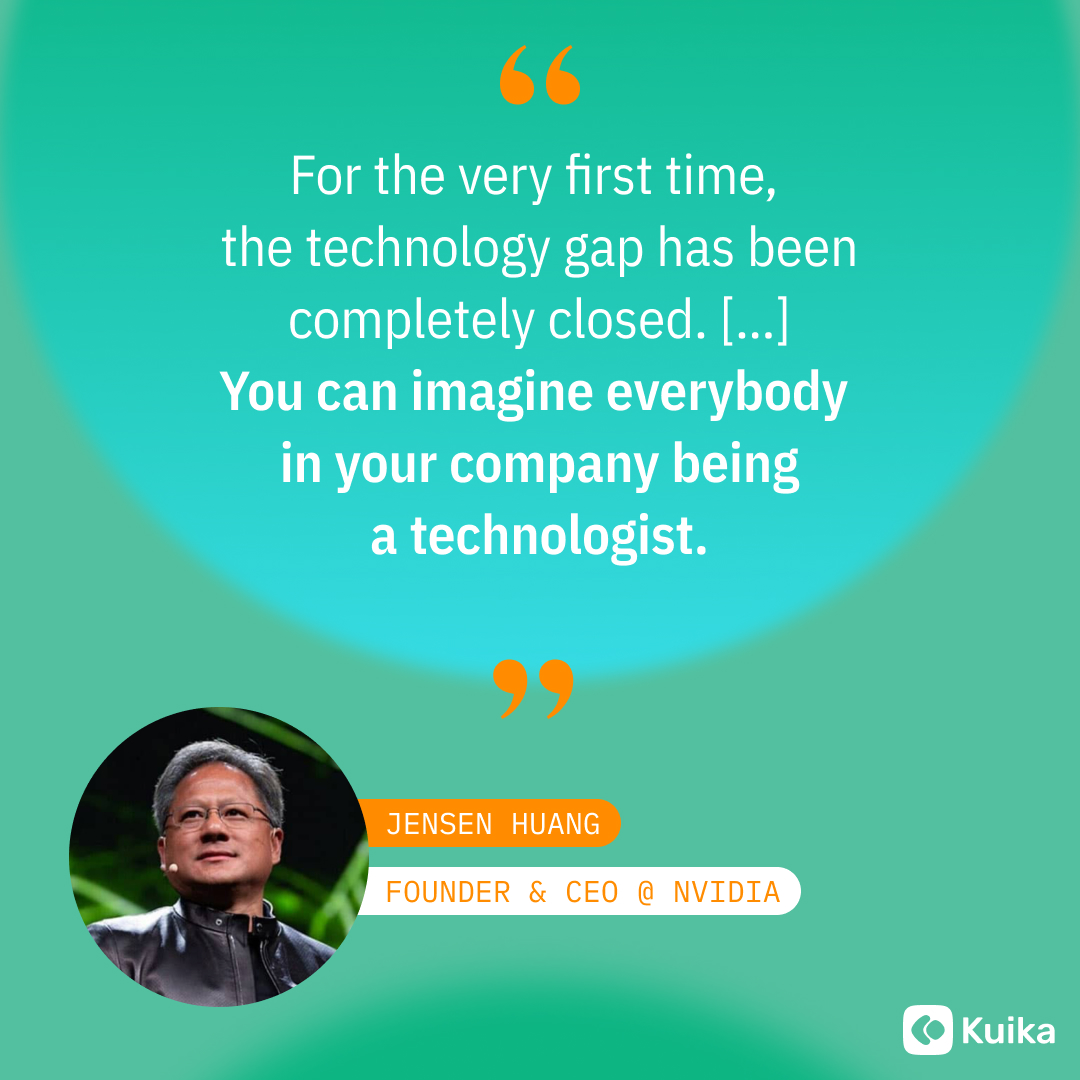 KuikaSoftware's tweet image. Is the world headed towards a #codeless future? 🌏 @NVIDIA’s CEO Jensen Huang thinks so.
As advocates of democratizing software since 2015, we slightly disagree.
#LowCode platforms have been leveling the playing field for some time. With AI, the revolution's coming in faster!