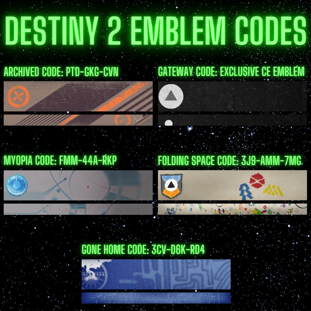 Destiny 2 Emblem Codes 👇🏻 
💠Archived: PTD-GKG-CVN
💠Gone Home: 3CV-D6K-RD4
💠Myopia: FMM-44A-RKP
💠Folding Space: 3J9-AMM-7MG
💠Gateway: Exclusive CE Emblem
#Bungie #TheFinalShape