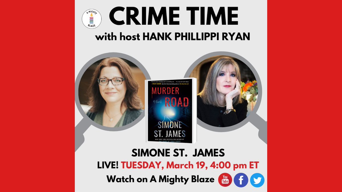 Crime Time host @HankPRyan welcomes Simone St. James for a discussion of her latest novel 'Murder Road.' This book delivers 'tension that sends chills racing over your skin as you furiously turn the pages,” says @isabelcanas_ ('Vampires of El Norte'). 4 PM ET TUES