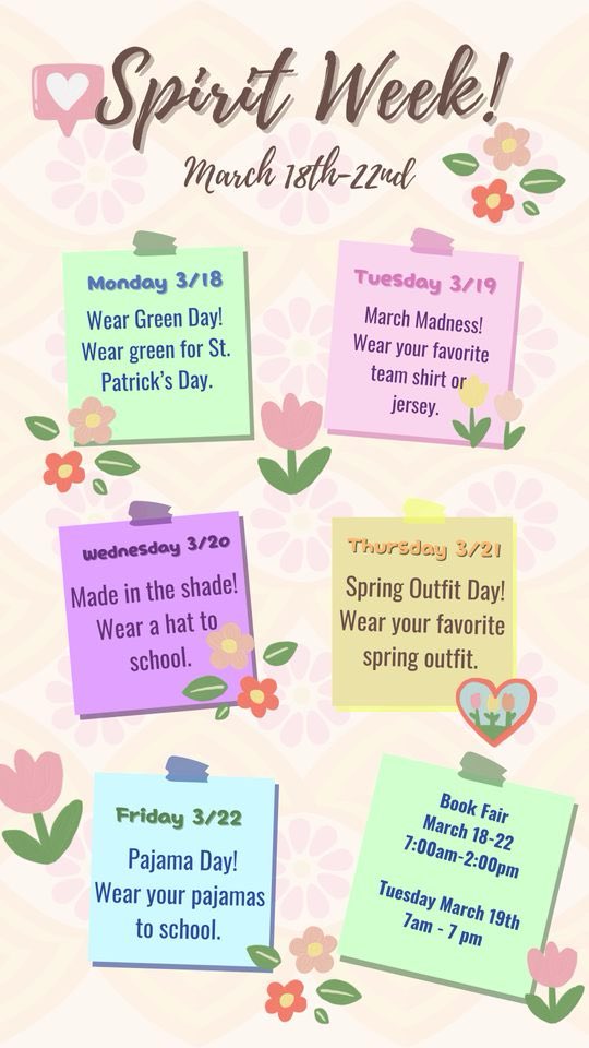 Spirit Week starts tomorrow along with the book fair!