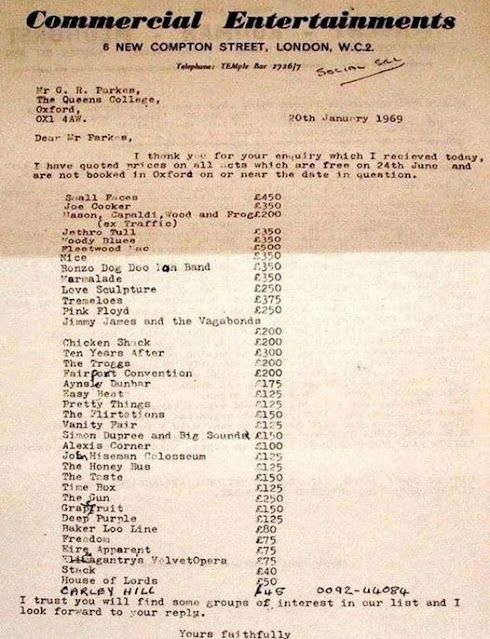 Via ninebattles.com/2023/11/30/hir… a list of prices for booking bands in 1969. Cheering to see that the Bonzos were £100 more expensive than Pink Floyd, and £225 more expensive than Deep Purple.