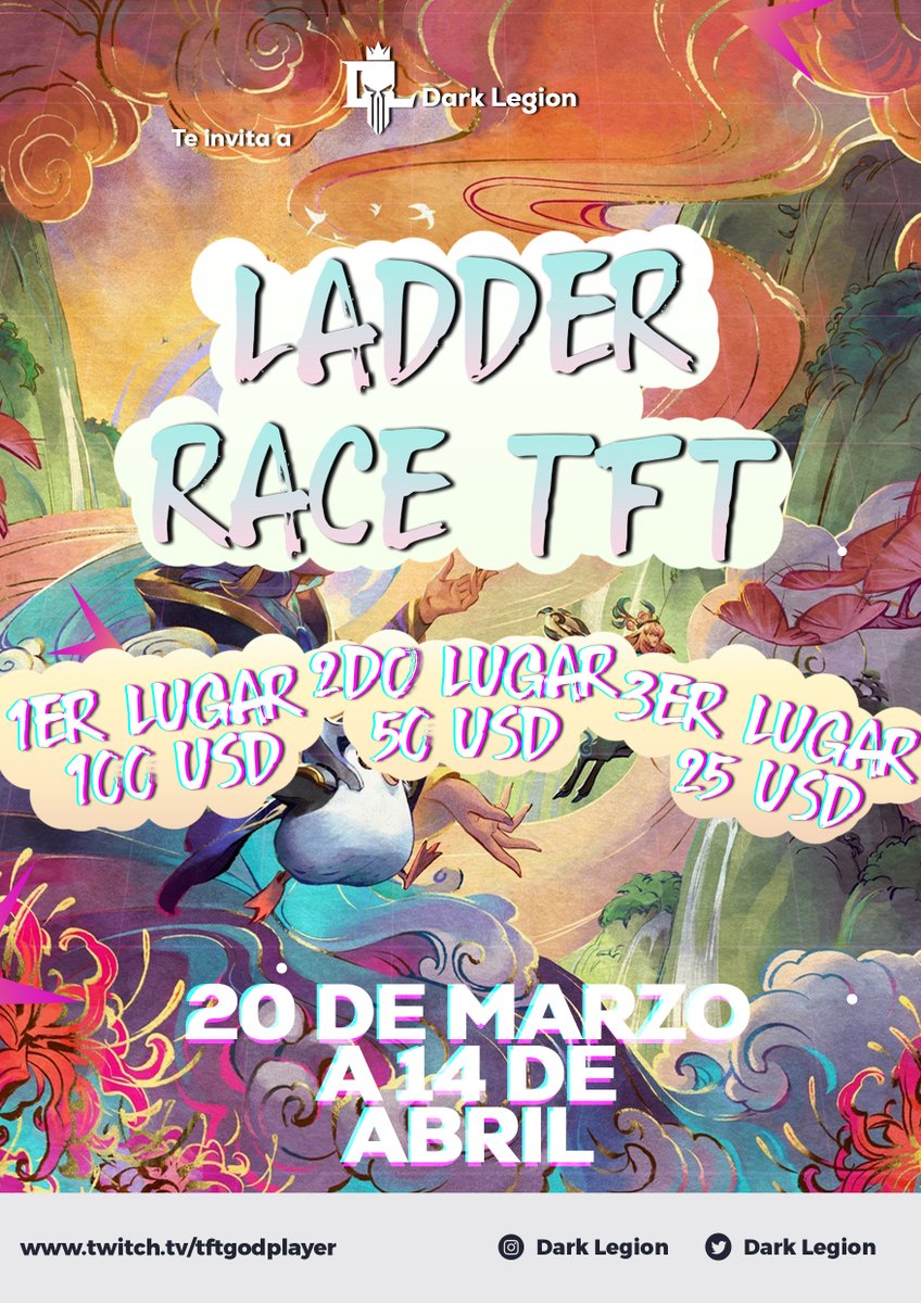 Darklegiontft's tweet photo. ¡Dark Legion se enorgullece en presentar nuestro primer evento oficial, el emocionante formato de TFT Ladder Race ahora para LAN y LAS!

Premios:

1er Lugar: 100 dlls
2do Lugar: 50 dlls 
3er Lugar: 25 dlls

¡Síguenos para más información! https://t.co/gNmTW71QYD