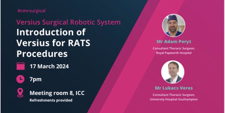 Joshua Darley (@joshuarobotics) on Twitter photo Great to be here at <a href="/SCTSUK/">SCTS UK</a> with our UK Versius team Lukacs Veres and Adam Peryt🫁
Over 100 cases together since starting less than a year ago and very positive to hear learnings and how partnership drives change🦾 <a href="/UHS_Thoracics/">UHS Thoracic Surgery</a> <a href="/RoyalPapworth/">Royal Papworth Hospital NHS FT 💙</a> <a href="/CMRSurgical/">CMR Surgical</a> <a href="/YangMike_/">Mike Yang 🏴</a> Great to be here at <a href="/SCTSUK/">SCTS UK</a> with our UK Versius team Lukacs Veres and Adam Peryt🫁
Over 100 cases together since starting less than a year ago and very positive to hear learnings and how partnership drives change🦾 <a href="/UHS_Thoracics/">UHS Thoracic Surgery</a> <a href="/RoyalPapworth/">Royal Papworth Hospital NHS FT 💙</a> <a href="/CMRSurgical/">CMR Surgical</a> <a href="/YangMike_/">Mike Yang 🏴</a>