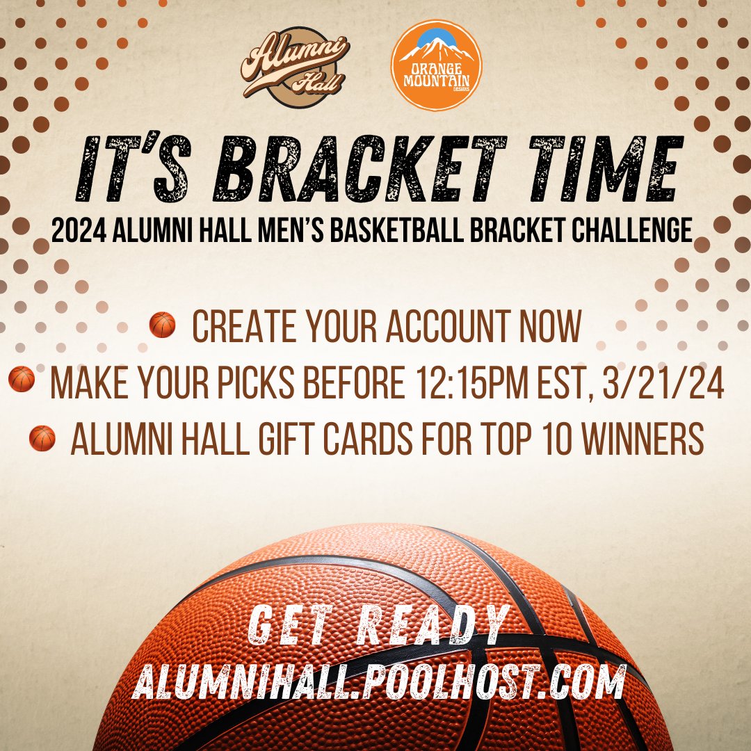 Let's have some fun - Participate in our Men's 🏀Bracket Challenge for bragging rights of 10 lucky winners! 1st Place wins $300 in an Alumni Hall/Orange Mountain Designs gift card💰 Make your bracket picks before 12:15pm EST on Thursday. Good luck! alumnihall.poolhost.com