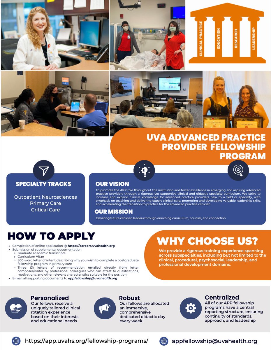 We are now hiring for UVA's Primary Care Advanced Practice Provider Fellowship!  More information on our fellowship programs are below. #APPFellowship #AdvancedPracticeProviders #PAJobs #NPJobs #PAStudent #NPStudent 

Don't miss out - apply now!  jobs.virginia.edu/us/en/job/UOVU…