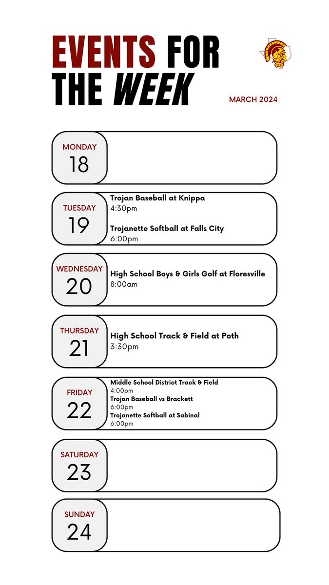 Athletic Events for the week of 03/18 to 03/24

*Schedules are subject to change*

#WFW