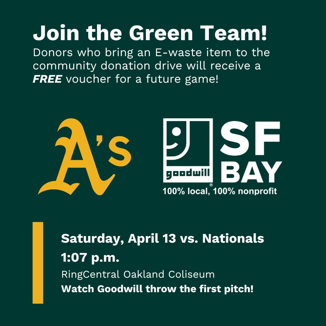 sfbaygoodwill's tweet image. We're partnering with the Oakland A's for an E-waste Community Donation Drive!

☑️purchase a ticket here.
☑️Bring an e-waste item to donate and receive a free voucher for a future game. 

Watch this inspiring donation story:
bit.ly/3Tn9HsT

#goodwillworks #earthmonth
