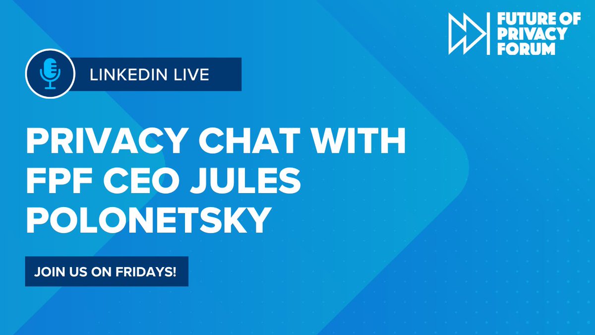 futureofprivacy's tweet photo. Join FPF CEO @JulesPolonetsky on Fridays for #PrivacyChat on #LinkedInLive! He'll talk about topical privacy issues, often with invited experts from government, industry, civil society, or academia. Listen to past versions on Spotify: https://t.co/BGxlpO4T5K https://t.co/zGX7M2FbUm