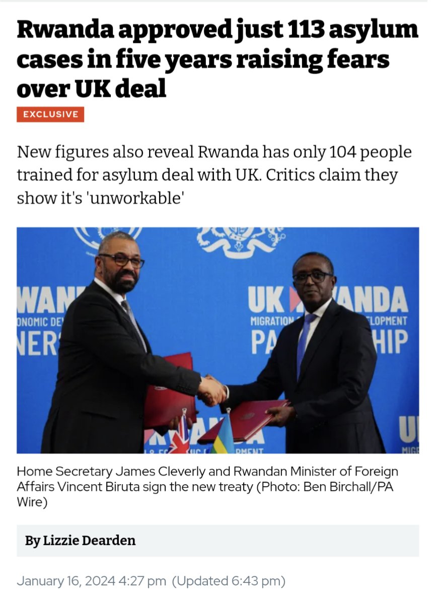 Rwanda has a capacity for processing 200 claims per year at most, and that is a stretch. In the last five years it has only processed 113 claims. Cleverly knows this, and knows that saying it is 'uncapped' is meaningless in reality. The UK should not be relying on third countries