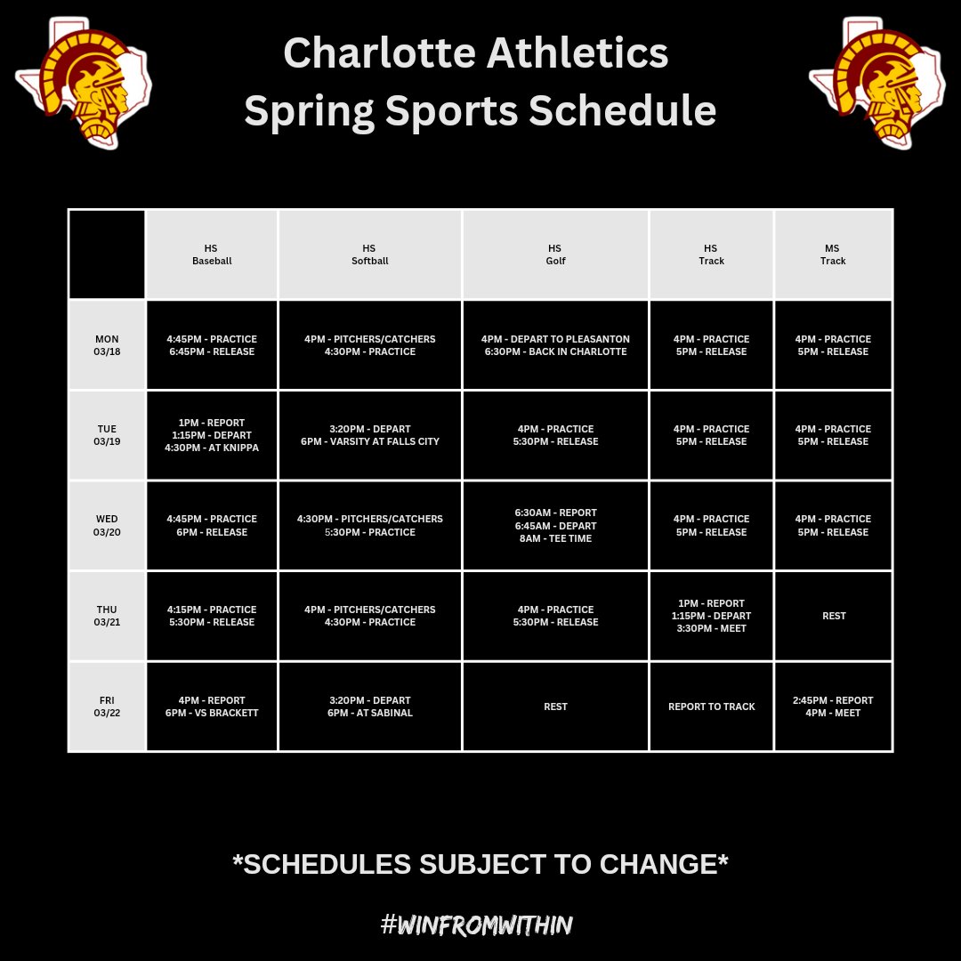 HS/MS Spring Sports Itineraries for the week of 03/18 to 03/22

*Schedules are subject to change*

#WFW