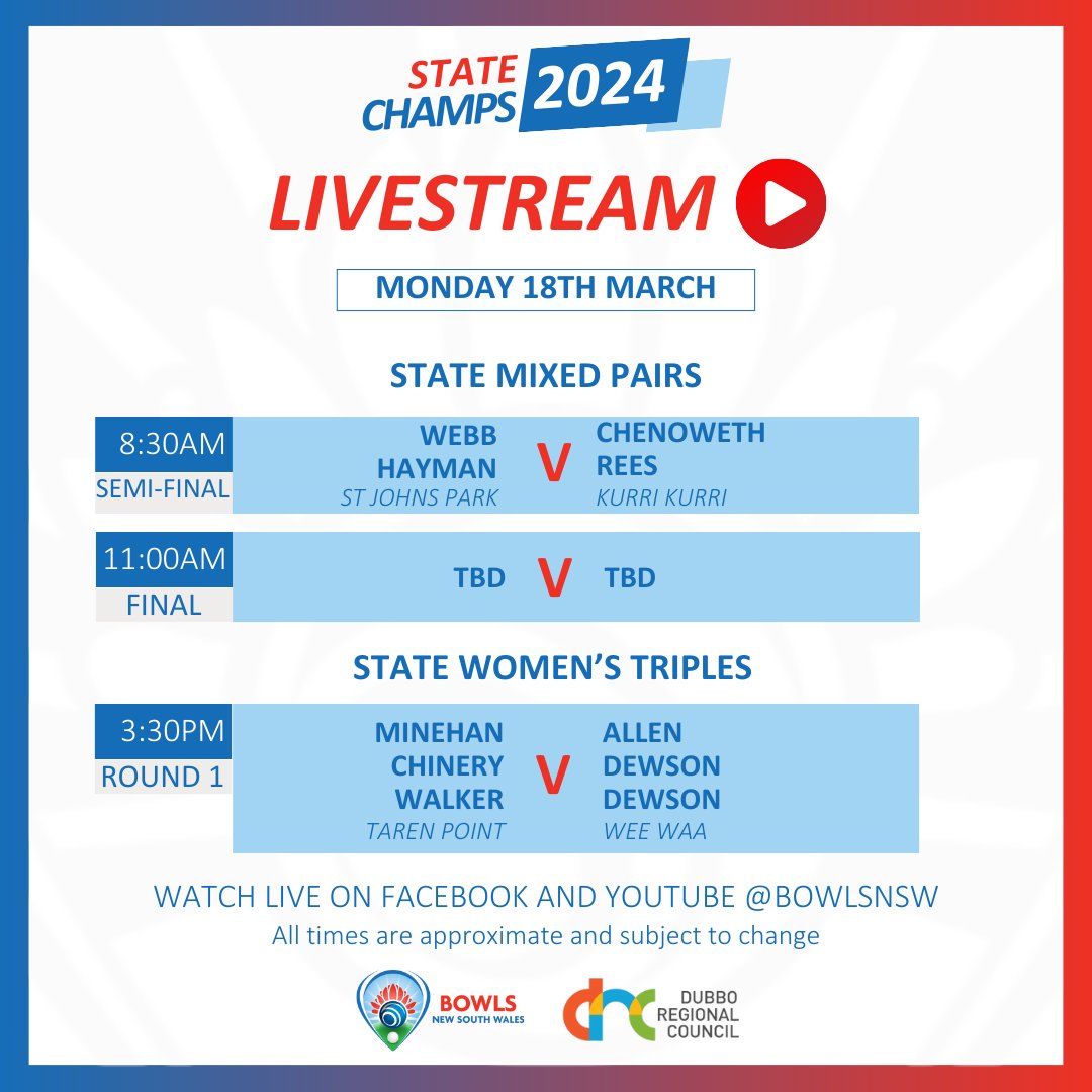 Schedule Day 7️⃣ | State Champs

The State Mixed Pairs Semis &amp; Finals takes place this morning! Attention then switches to the Tripes competition with the first Round taking place this afternoon at 3:30pm. 

📺 Live on Bowls NSW Facebook &amp; Youtube from 8:30am