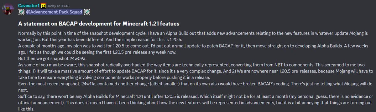 A statement on BACAP development for Minecraft 1.21 features.