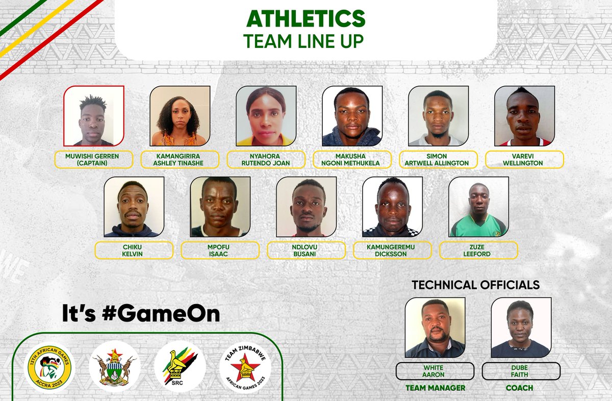 United in speed!A strong line-up for Team Zimbabwe's track and field team at the African Games. Who are you most excited to see compete? Its #GameOn #TeamZimbabwe #AfricanGames #GoTeamZim #ZimbabweAthletics #BringHomeTheGold