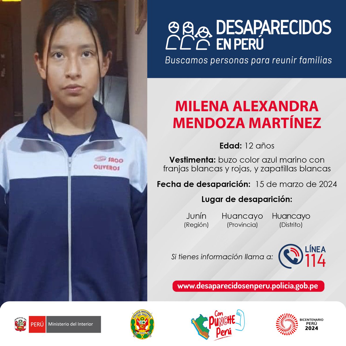 🔁 COMPARTE | Ha desaparecido Milena Mendoza, de 12 años, en #Huancayo. 📍 La adolescente fue vista por última vez el 15 de marzo camino a su colegio. 📞 Si la haz visto o conoces su paradero, llama a la Línea 114 de la @PoliciaPeru. #DesaparecidosEnPerú