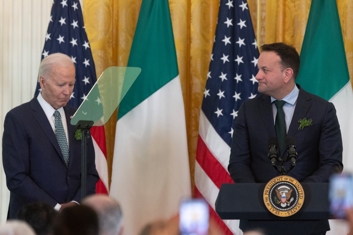 U.S. President Joe Biden becomes emotional as Ireland's Taoiseach Leo Varadkar speaks about President Biden’s late son, Beau Biden, during a St. Patrick’s Day celebration event inside the East Room at the White House in Washington, U.S., March 17, 2024. REUTERS/Tom Brenner