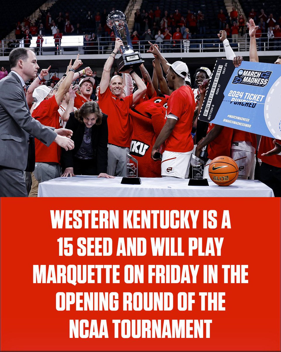 BarstoolWestern's tweet photo. WKU is a 15 seed and will play 2 seed Marquette in the opening round of the NCAA Tournament.

To Indianapolis we ride https://t.co/EXIvsU6hxi