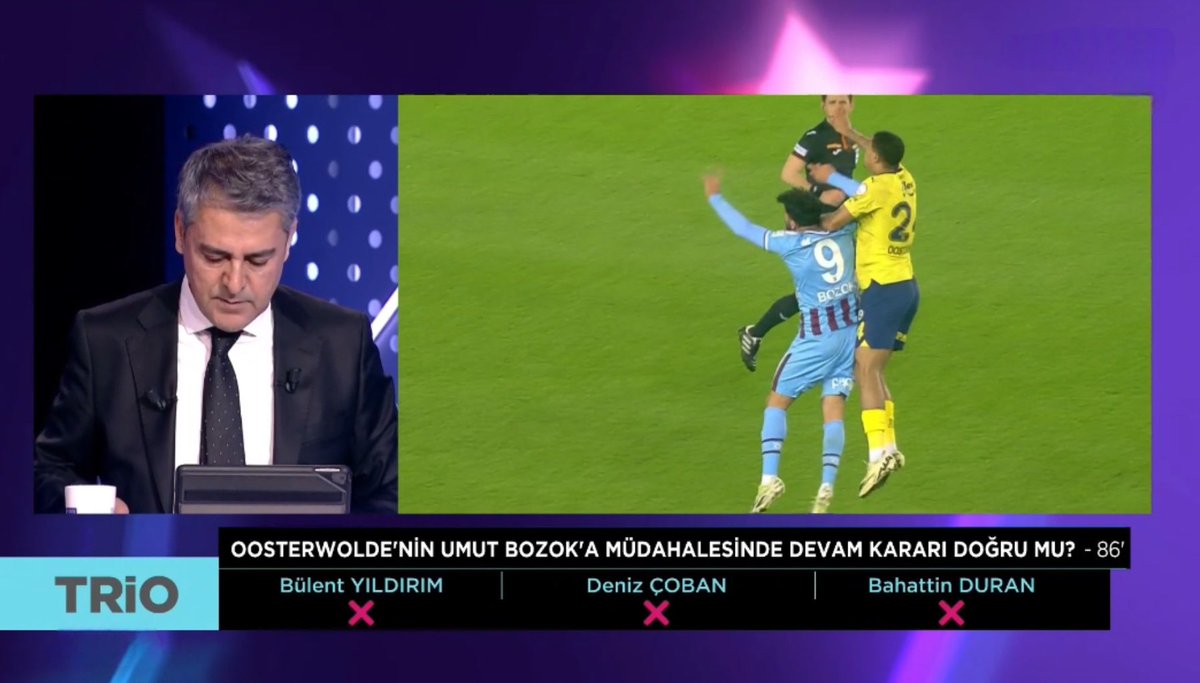 Beyler çok sevdikleri ve güvendikleri TRİO programına göre Trabzonspor’a verilen penaltı doğru Djiku kırmızı kart olmalıydı. Umut Bozok pozisyonu net faul diyorlar.