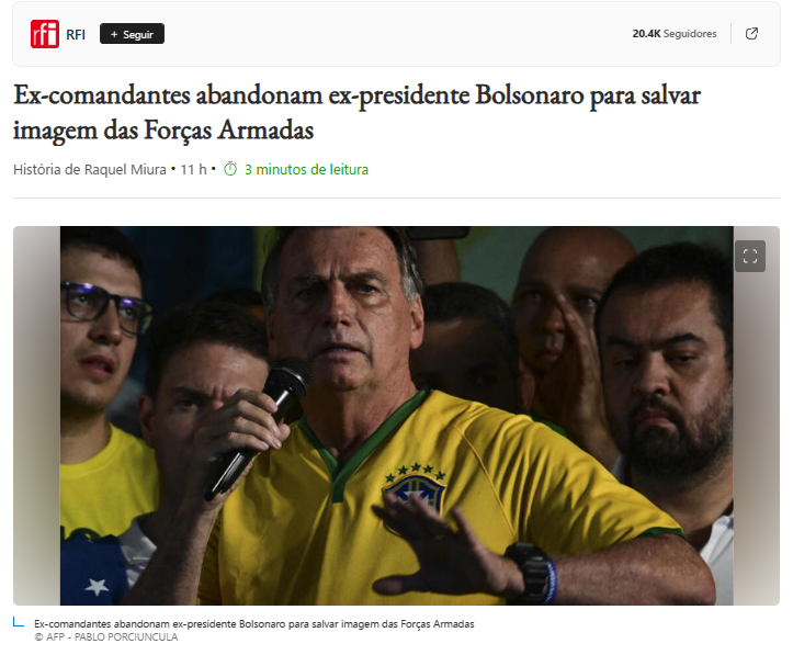 marcoangeli's tweet photo. Enquanto o domingão vai passando, derretendo os paulistas num calor infernal sem trégua, penso cá com meus botões que domingo não é dia de pensar nessa política miserável que assola os brasileiros.
Mas posso refletir, claro, sobre o significado de lealdade, sagitariano dos bons que sou.
Quem já viveu algum tempo na face deste planeta já sabe bem que o conceito de lealdade é relativo aos interesses em jogo.
E que a regra fatal é sempre ser abandonado pelos 'amici' quando as coisas andam mal.
Raramente acontece o inverso.
Assim, não é de se estranhar o abandono de Bolsonaro pelas FFAA.
A justificativa para tirar o deles da reta e focar Bolsonaro como o único responsável na narrativa de 'golpe' que vem sendo enfiada goela abaixo dos brasileiros é a de que pretendem 'restaurar a imagem das FFAA.'
Difícil é saber a quem pretendem convencer.
O povo não pode ser, a imagem das FFAA está definitivamente torrada como instituição confiável.
A esquerda de Lula também não.
Lula já mostrou seu desprezo pelo Exército desde o primeiro dia de seu desgoverno.
Lula pode ser tudo, menos ingenuo, especialmente em questões relacionadas ao poder.
Sabe bem que os militares que hoje abandonam Bolsonaro se locupletaram de privilégios em seu governo.
Eram 'amici'.
E sabe bem, como mostra a história, que os militares também seguem o vento dos privilégios, e não lhes importa a ideologia.
Nem lealdade.
Ou o povo que juraram defender.
Atitude, aliás, bem semelhante à de outro parasita no cenário brasileiro há décadas: a rede Globo.
Quanto aos outros que seguem o mesmo caminho, como Waldemar, não surpreende ninguém: são políticos profissionais, uma corja que vampiriza esta nação desde sempre e jogam sujo, sem ética e sem uma palavrinha simples em seu dicionário: lealdade.
Para os que ainda acreditam nessa palavrinha, como nós e talvez Bolsonaro, o cenário político deste país vai ficando pequeno, pequeno demais.
E inviável.