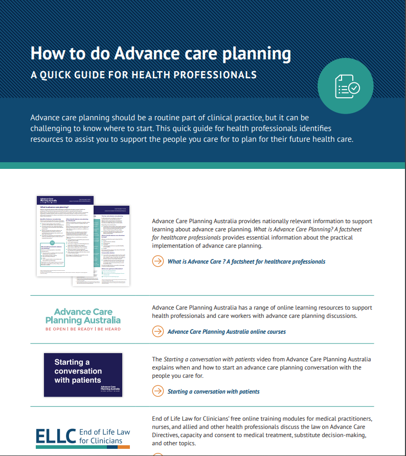 This national #ACPweek @HealthLawQUT has joined with @ACPAustralia #HammondCare and @Pall_Care_Aus to refresh our handy How to do #AdvanceCarePlanning quick guide for #healthprofessionals. Download it for free at shorturl.at/lmrQZ #doctor #nurse #endoflife