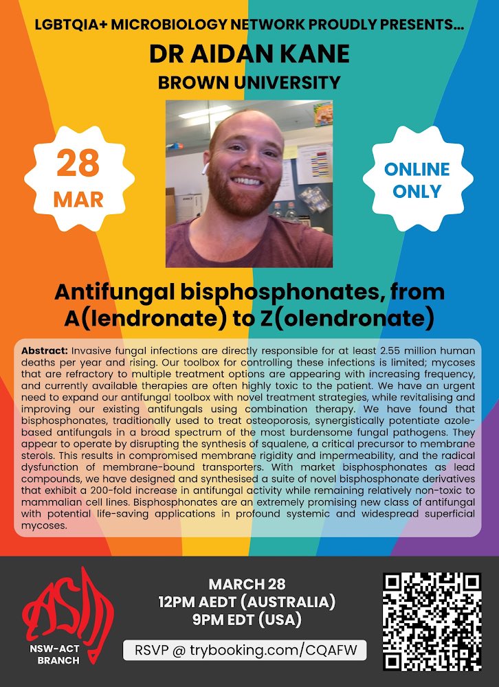 #LGBTQIA #Microbiology Presents Dr Aidan Kane for a fabulous lunchtime talk 🧫✨

🌈 12pm, Thursday 28th March AEDT 🇦🇺 (9pm EDT 🇺🇸)
🌈 View Online

👉🏽 Register: trybooking.com/CQAFW 

@AUSSOCMIC #QueerInSTEMM #QueerMicrobiology