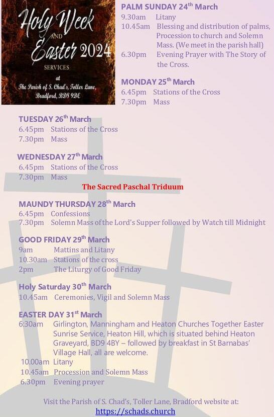 Everyone is welcome to come and join us at the Parish of @SChads1's Toller Lane, BD8 9DE for any of our Holy Week and Easter 2024, services. @polly_speight @BishopWakefield @AndyJolley1 @toby_howarth @bradfordwest_ @chrischorlton @clareleighton @DaineExley33320 @LeedsCofE