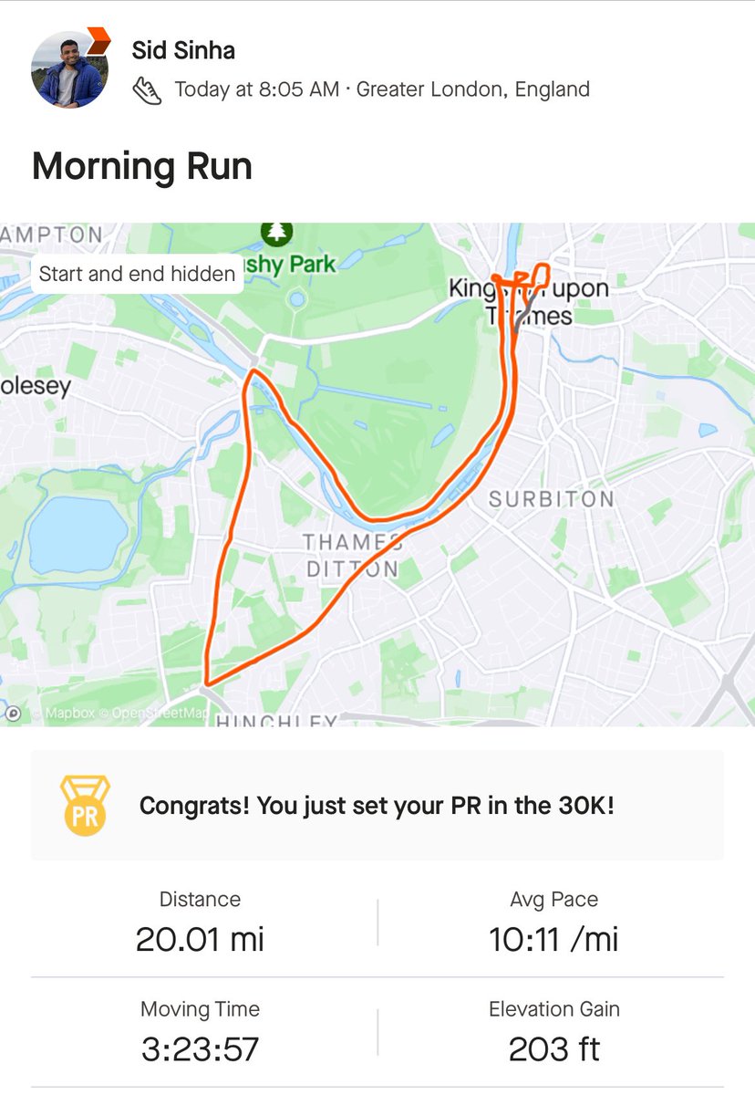 Siddharth Sinha (@sidsinha92) on Twitter photo Kingston Breakfast Run 20 miles…
Running further, a little faster and getting closer to the 26.2 mile mark 🧠 🏃♂️
<a href="/BrainAppeal/">The National Brain Appeal</a> <a href="/QSNeurosurgery/">Queen Square Neurosurgery</a>
Would be grateful for any donations justgiving.com/page/sid-sinha… Kingston Breakfast Run 20 miles…
Running further, a little faster and getting closer to the 26.2 mile mark 🧠 🏃♂️
<a href="/BrainAppeal/">The National Brain Appeal</a> <a href="/QSNeurosurgery/">Queen Square Neurosurgery</a>
Would be grateful for any donations justgiving.com/page/sid-sinha…