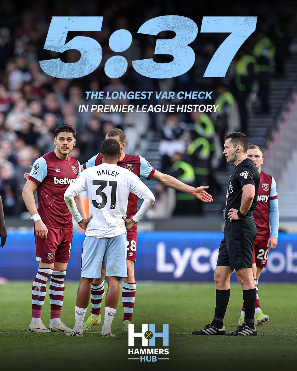 ⏲️ 5 minutes and 37 seconds

VAR's check on Tomáš Souček's goal against Aston Villa saw the the longest-ever VAR check in Premier League history 🥴