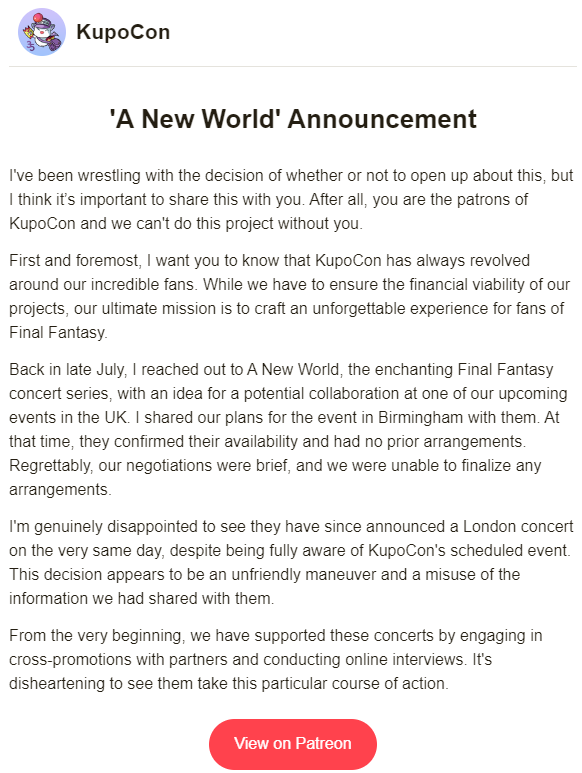 kupoconplaint's tweet photo. Announcement email distributed to Patrons on 23/9/23 regarding breakdown in potential guest relationship with A New World. https://t.co/ds8ummxZlw