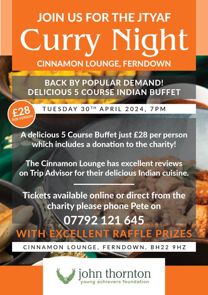 Join us for a Curry Night at Cinnamon Lounge in Ferndown! Huge thanks to Paul for organising 😊 Always a popular event and sells out fast. Just £28 per person and includes A LOT of delicious food and a great evening. buff.ly/3ILNb89 #CurryNight #Ferndown #charity