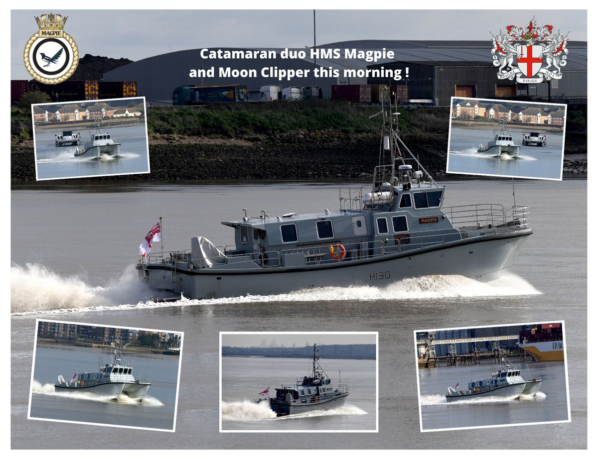 Catamaran duo HMS Magpie and Moon Clipper this morning. Foto's via : @FraserG32883664 , @hms_magpie , @thamesclippers , @IBallantyn .