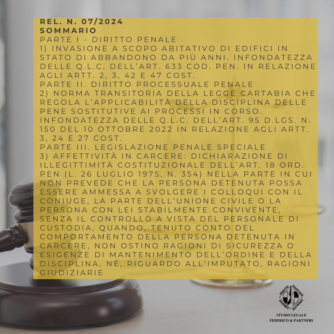 avv_federico's tweet photo. Rassegna della giurisprudenza della Corte costituzionale in materia penale (Gennaio - Febbraio 2024)
https://t.co/pp9VQd3Lhu
#cortedicassazione #avvocato #diritto #giurisprudenza #legge #law #studiolegale #tribunale #dirittopenale #roma #consulenzalegale #avvocatopenalista https://t.co/dQxoQJz5gV