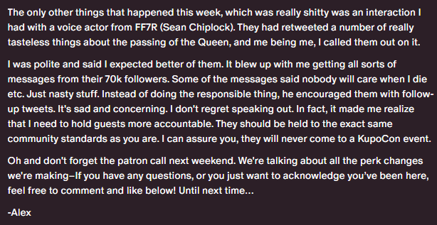 kupoconplaint's tweet photo. Patreon September 2022 - Update #1 
Openly discussing organiser Alex Maine's personal
conflict with a known voice actor unrelated to the event itself and inviting personal bias to influence standing with the event and community https://t.co/PsqBwEmsZc