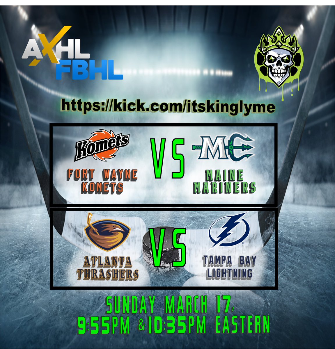 TheAXHL's tweet photo. With the most recent agreement reached with @ItsKingLyme , we have our Games of the night!  Tune in to KingLyme live on kick at 9:45pm eastern https://t.co/lFoM38h1Ql 
Show him so love Follow/Sub 
Thank you KingLyme for volunteering your time!
#theAXHL #LymeTime #EASports #NHL https://t.co/aVu5hN2Bif