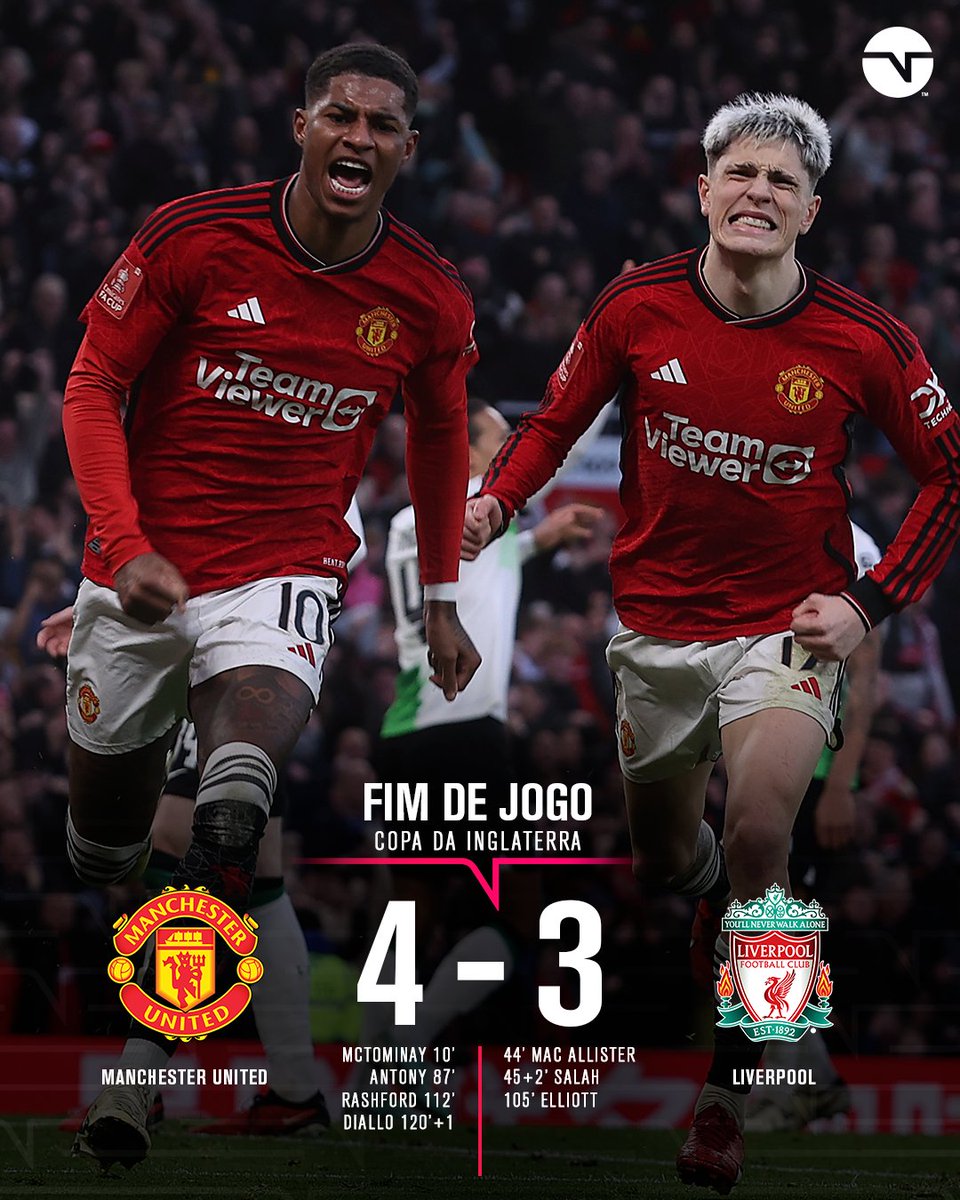 O MANCHESTER UNITED É GIGANTE! 👹🔥 Num clássico INSANO contra o Liverpool, com direito a duas viradas, os Diabos Vermelhos venceram o rival na prorrogação e avançou às semifinais da #CopaDaInglaterra!