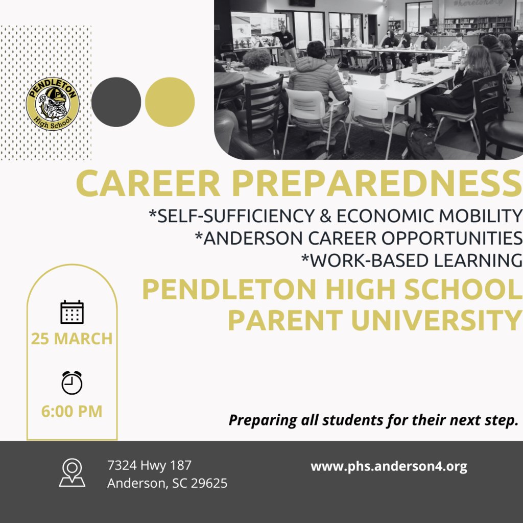 Our next Parent University is Monday, March 25 at 6pm.  Participants will have to opportunity to learn more about career preparedness with a focus on self-sufficiency and economic mobility in Anderson County, Anderson County careers, and Work-Based Learning. Please save the date!