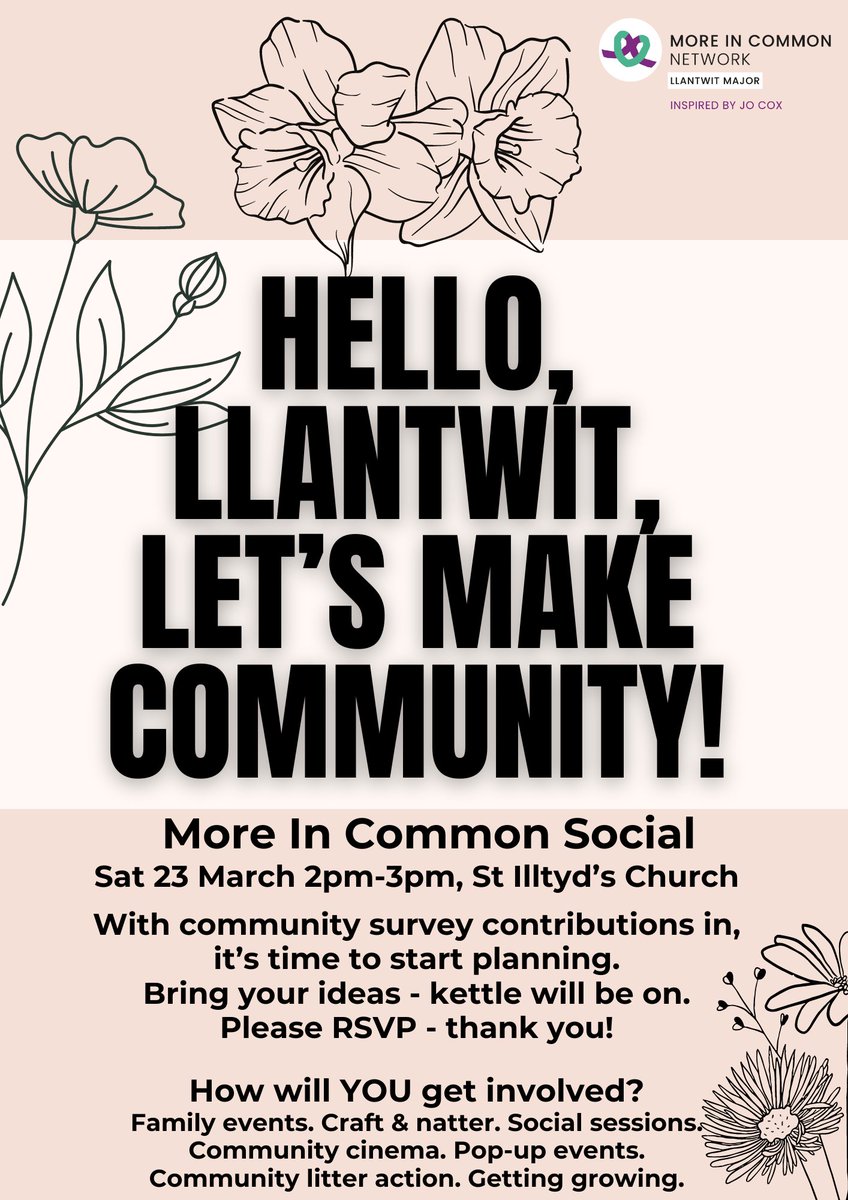 moreincommonll1's tweet photo. Want to help build community? 🥳
Join our More in Common Social to find out more, get involved & get connecting 🫶
📅 Sat 23 March 2pm-3pm, St Illtyd's Church
RSVP please ☕️
Local societies - get in touch
Watch this space for diary dates! #moreincommon #llantwit https://t.co/k2Xv5FxQe1