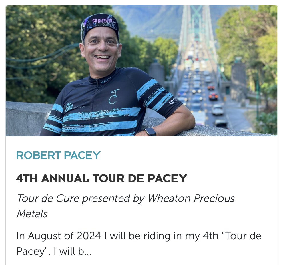 On Aug 24th &amp;  25th, I will be riding in my 4th  <a href="/TourdeCureBC/">Tour de Cure</a> to raise money for the <a href="/bccancerfdn/">BC Cancer Foundation</a>. 

This 200km ride is an event that is close to my heart as I ride in memory of my mom, pops &amp; uncle who all lost their battle with cancer.

DONATE HERE ❤️ bit.ly/Tour-De-Pacey