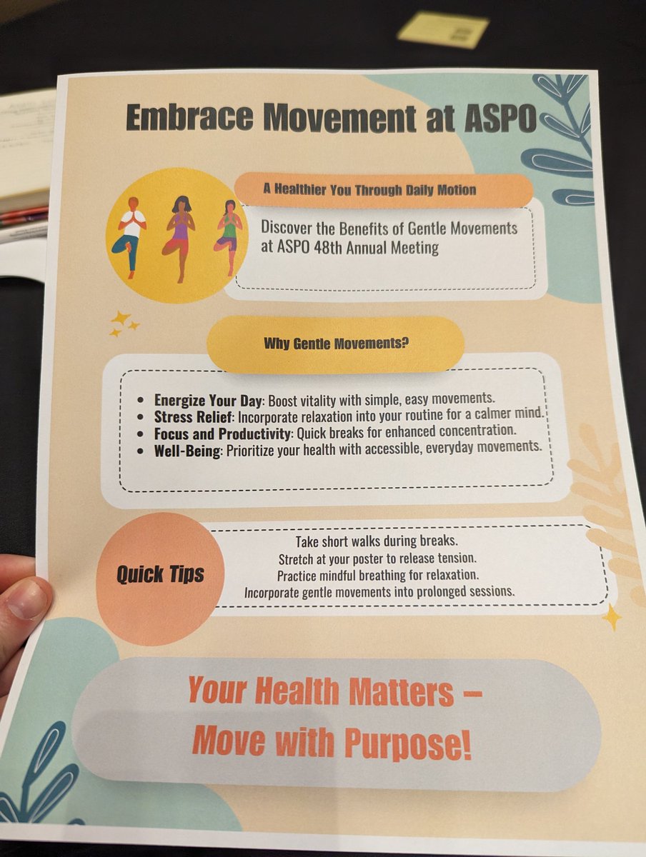 One thing I love about #exerciseoncology researchers is that you're always going to find us trying to practice what we preach 🙌🏻 love these handouts provided at #ASPO2024 🚶‍♀️🤸‍♀️🧎‍♀️👩‍🦽🧘‍♀️