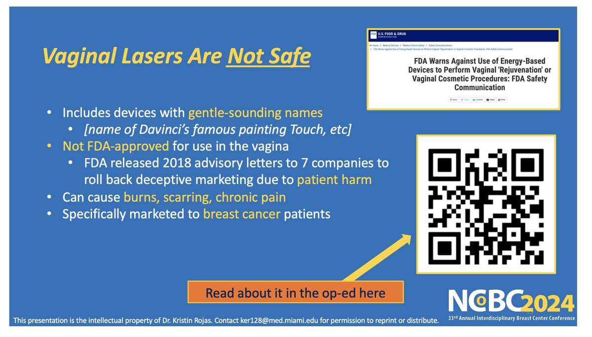 SPOILER ALERT: Vaginal lasers (CO2) are NEITHER EFFECTIVE NOR SAFE for #breastcancer #survivors and we should NOT be recommending these devices that were never @US_FDA 'approved' to be used in the vagina #NCoBC2024 @SylvesterCancer @UMiamiHealth #bcsm @MUSICancer