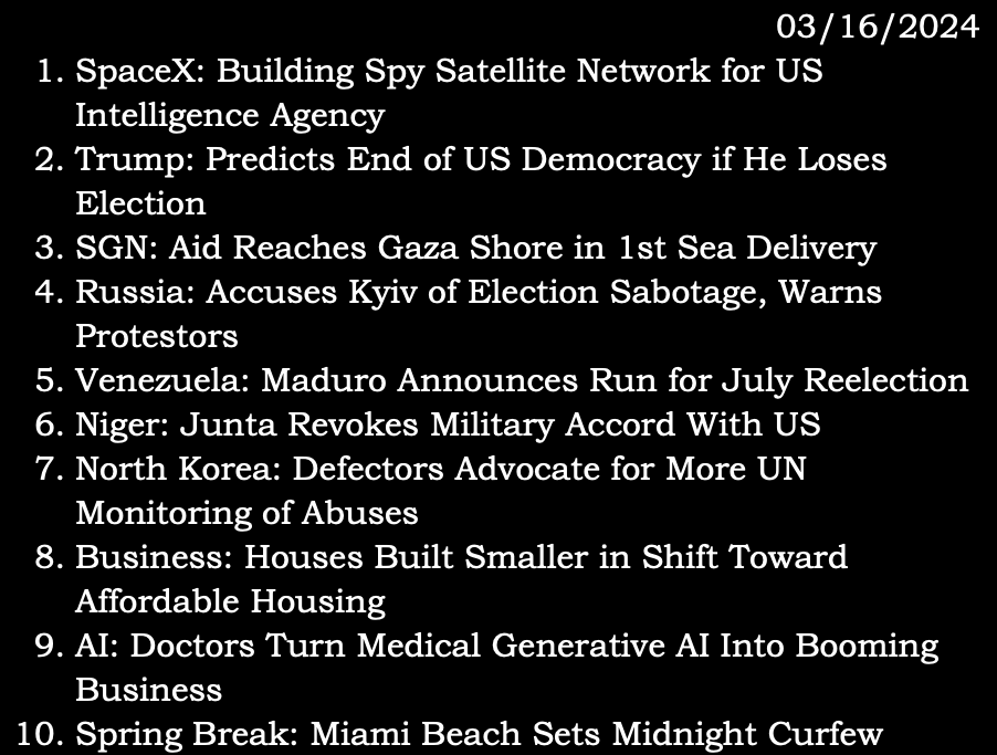 tspuser2605's tweet photo. 03/16/2024 (Saturday)
source: via.linktree
#SpaceX #DonaldTrump #SGN #Gaza #Russia #Ukraine #Venezuela #NicolasMaduro #Niger #NorthKorea #UN #housing #AI #SpringBreak https://t.co/L0ZOrIHZJu