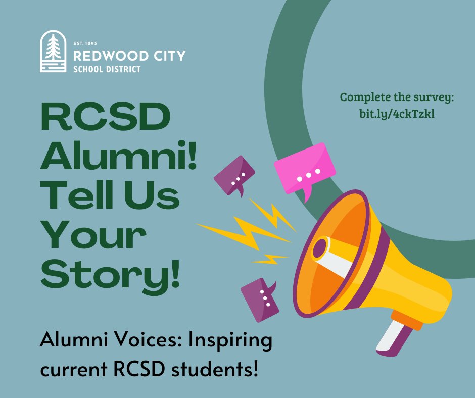 Your journey after graduating from Redwood City School District has undoubtedly been filled with remarkable experiences. Your story can inspire current RCSD students. Please consider sharing your story with the RCSD community! Complete the survey here: bit.ly/4ckTzkl