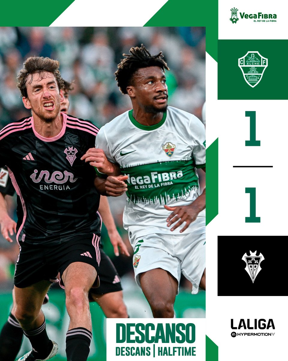 elchecf's tweet photo. 🟢 1-1 ⚪️ | 𝗗𝗘𝗦𝗖𝗔𝗡𝗦𝗢 | Llegó el empate 

¡Iremos a por más!

#ElcheAlbaceteBP | #MuchoElche https://t.co/LV50sZhzWp