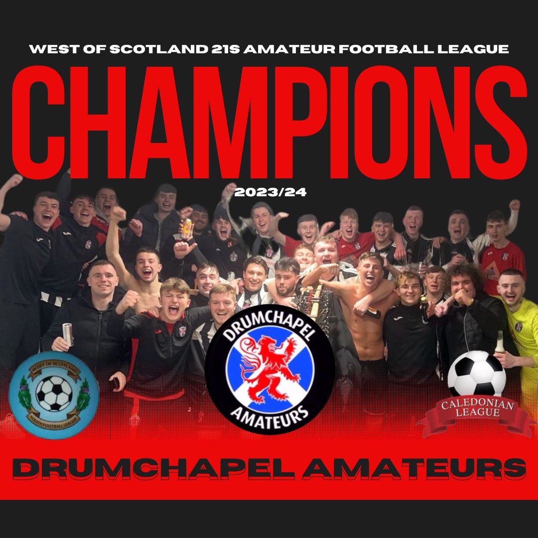 WEST OF SCOTLAND 21s AMATEUR FOOTBALL LEAGUE CHAMPIONS 2023/24 🏆⚽️

We would like to congratulate <a href="/DrumAmsU21s/">DrumchapelAms 21s</a> on winning the league title after yesterday’s 10-0 win over Stenhousemuir. 

Well deserved 👏🏻

🔴⚫️

#under21s #Champions