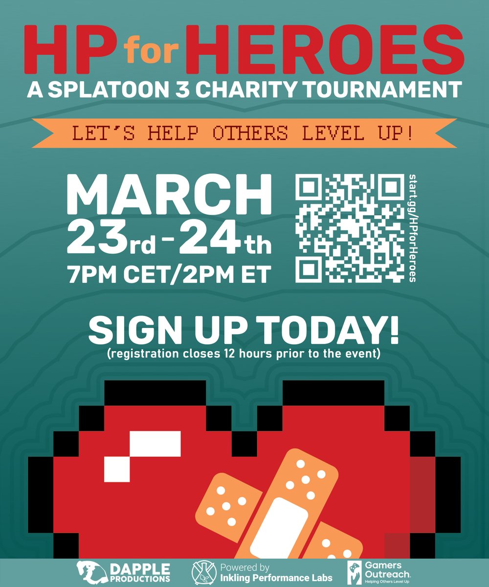 Dapple Productions (@dappleprod) on Twitter photo ❤️HP for Heroes❤️
<a href="/DappleProd/">Dapple Productions</a> & <a href="/IPLSplatoon/">Inkling Performance Labs</a> are cooperating to host a big charity tournament!
23rd + 24th of March
7 pm CET / 2 pm ET
Everyone makes Day 2
Top 3 of Alpha Bracket reported to <a href="/sendouink/">sendou.ink</a>!
Sign-Up:
start.gg/hpforheroes
Discord:
discord.gg/F7RaNUR ❤️HP for Heroes❤️
<a href="/DappleProd/">Dapple Productions</a> & <a href="/IPLSplatoon/">Inkling Performance Labs</a> are cooperating to host a big charity tournament!
23rd + 24th of March
7 pm CET / 2 pm ET
Everyone makes Day 2
Top 3 of Alpha Bracket reported to <a href="/sendouink/">sendou.ink</a>!
Sign-Up:
start.gg/hpforheroes
Discord:
discord.gg/F7RaNUR