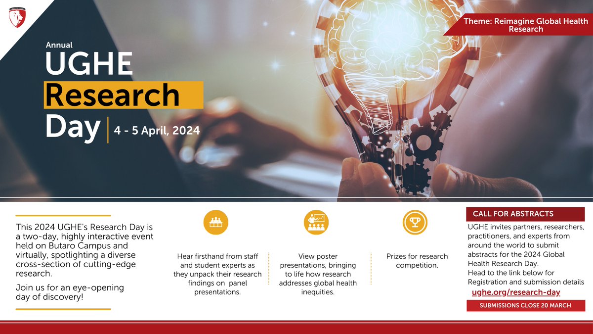 📢 Call for Abstracts! 
#UGHE invites researchers, practitioners, and experts to submit Abstracts, by 20th March, for the 2024 Research Day. Share your contributions that reflect novel insights into global health challenges.
More details ➡️ ughe.org/research-day
